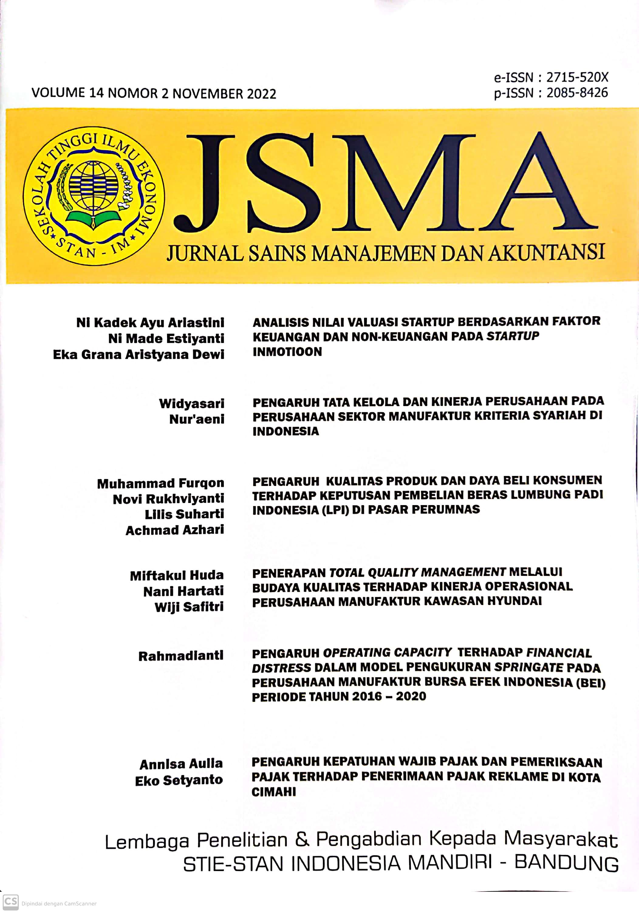 Jurnal Sains Manajemen Dan Akuntansi Vol 14 No 2 Nov 2022